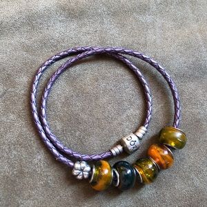 Pandora Purple Leather Bracelet Wrap Around Twice Necklace w/ 6 Charms